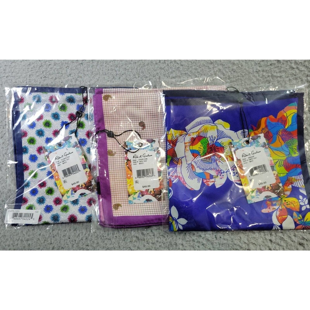 Robert Graham Silk Pocket Square Lot of 3 Chameleon Dragon Floral Handkerchief